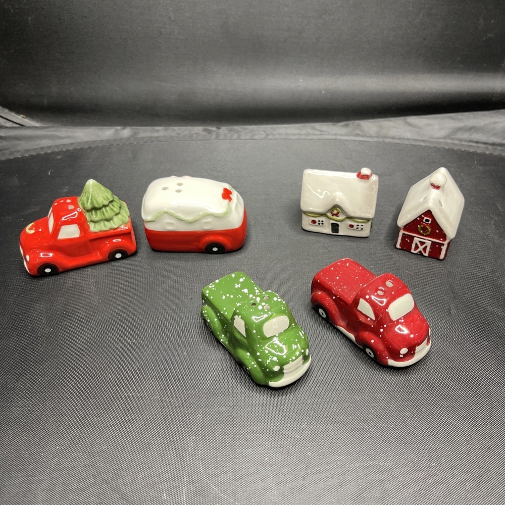 Ceramic Salt & Pepper Shaker Set Trucks Barn House Tree Trailer Christmas